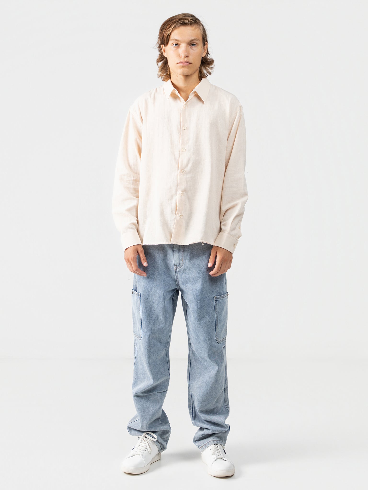 DEEDAT Oversized Long Sleeve Casual Shirt - Beige