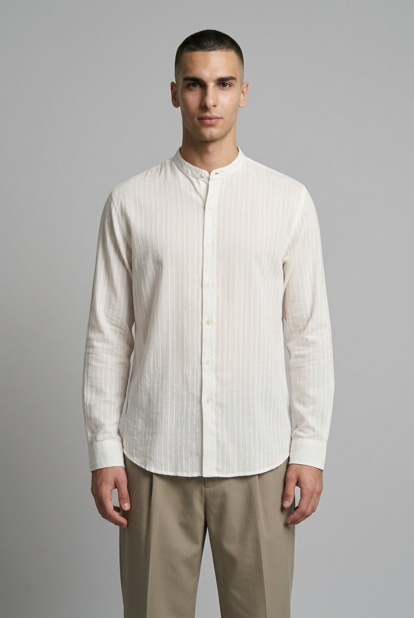 DEEDAT Standard Hem Regular Fit Mandarin Collar Casual Shirt - White