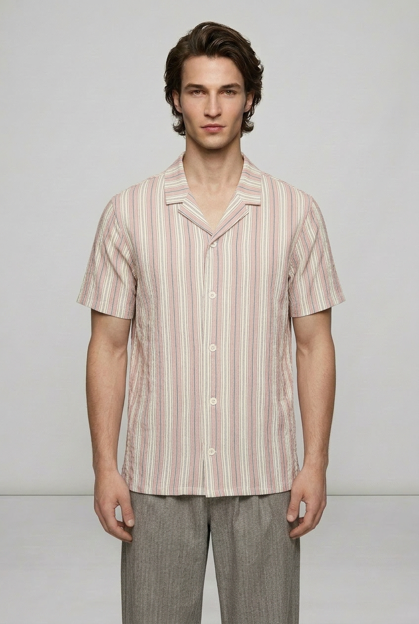 DEEDAT Striped Regular Fit Cutaway Collar Casual Shirt - Beige/Pink