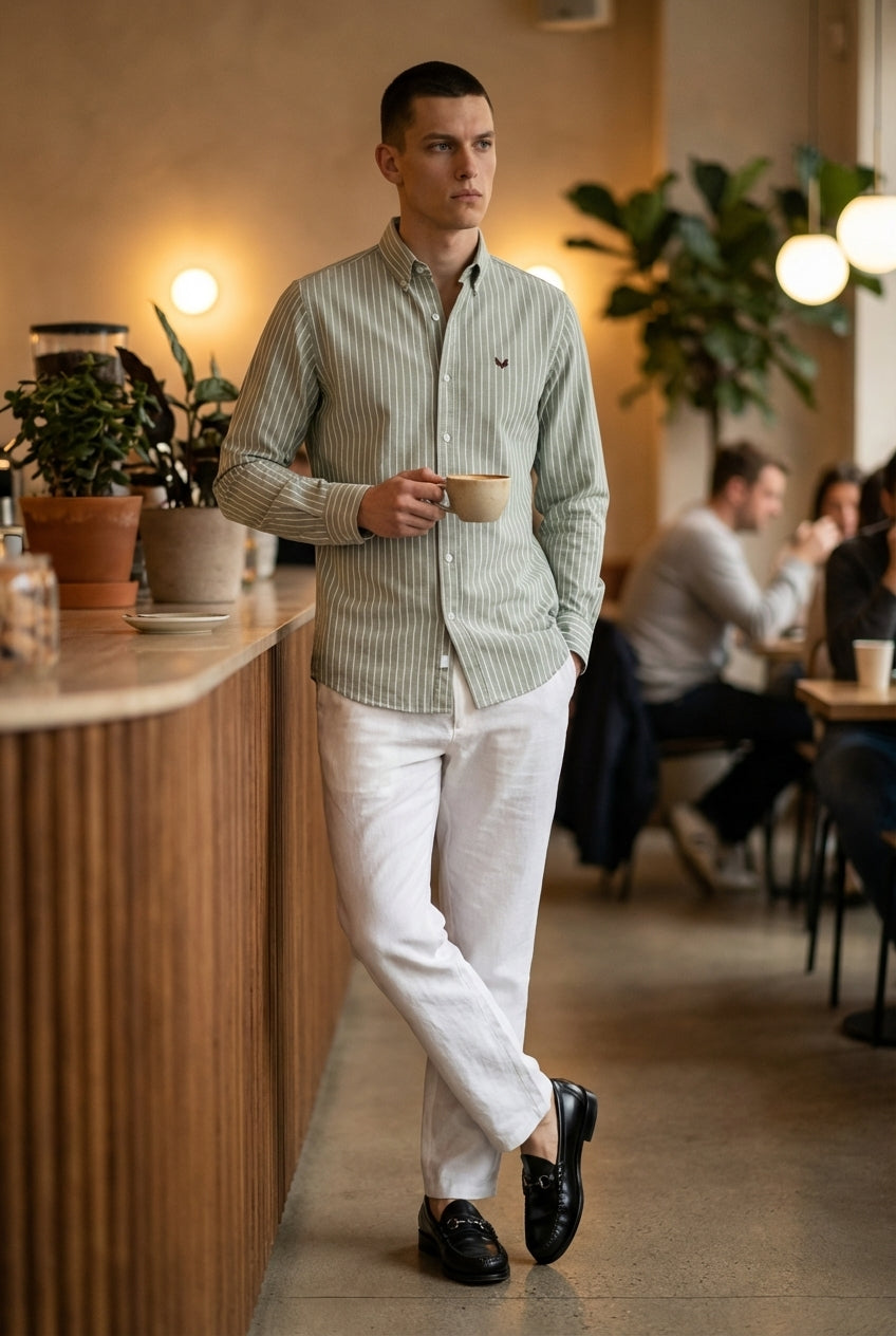 DEEDAT Striped Long Sleeves Regular Fit Cutaway Collar Shirt - Green