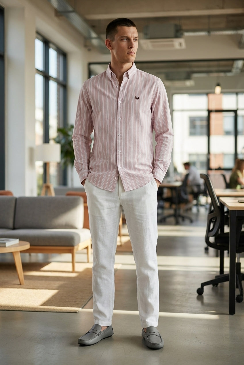 DEEDAT Striped Long Sleeves Regular Fit Cutaway Collar Shirt - Pink