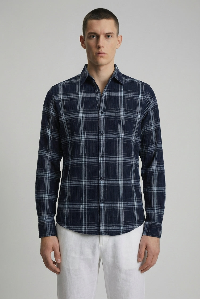 DEEDAT Check Long Sleeves Slim Fit Cutaway Collar Shirt - Denim Blue