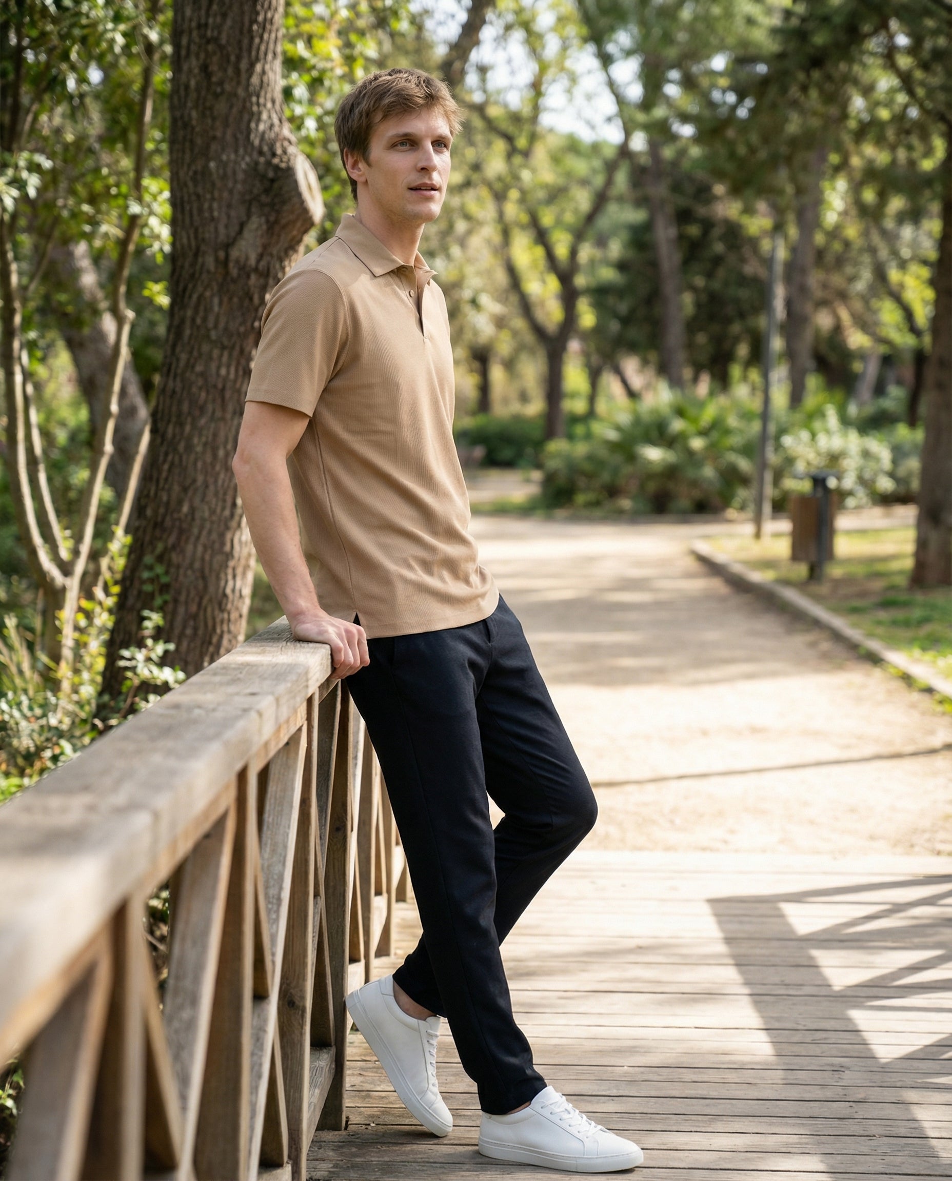 DEEDAT Short Sleeve Slim Fit Polo Tees-Beige