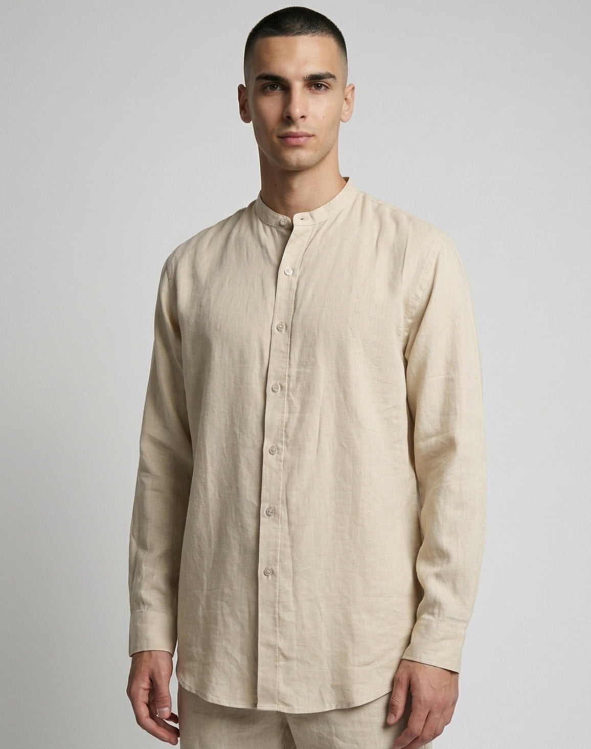 DEEDAT Linen Regular Fit Long Sleeves Mandarin Collar Shirt - Beige
