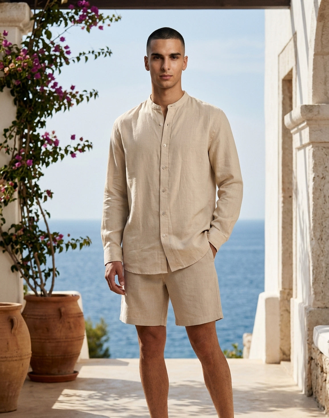 DEEDAT Linen Regular Fit Long Sleeves Mandarin Collar Shirt - Beige