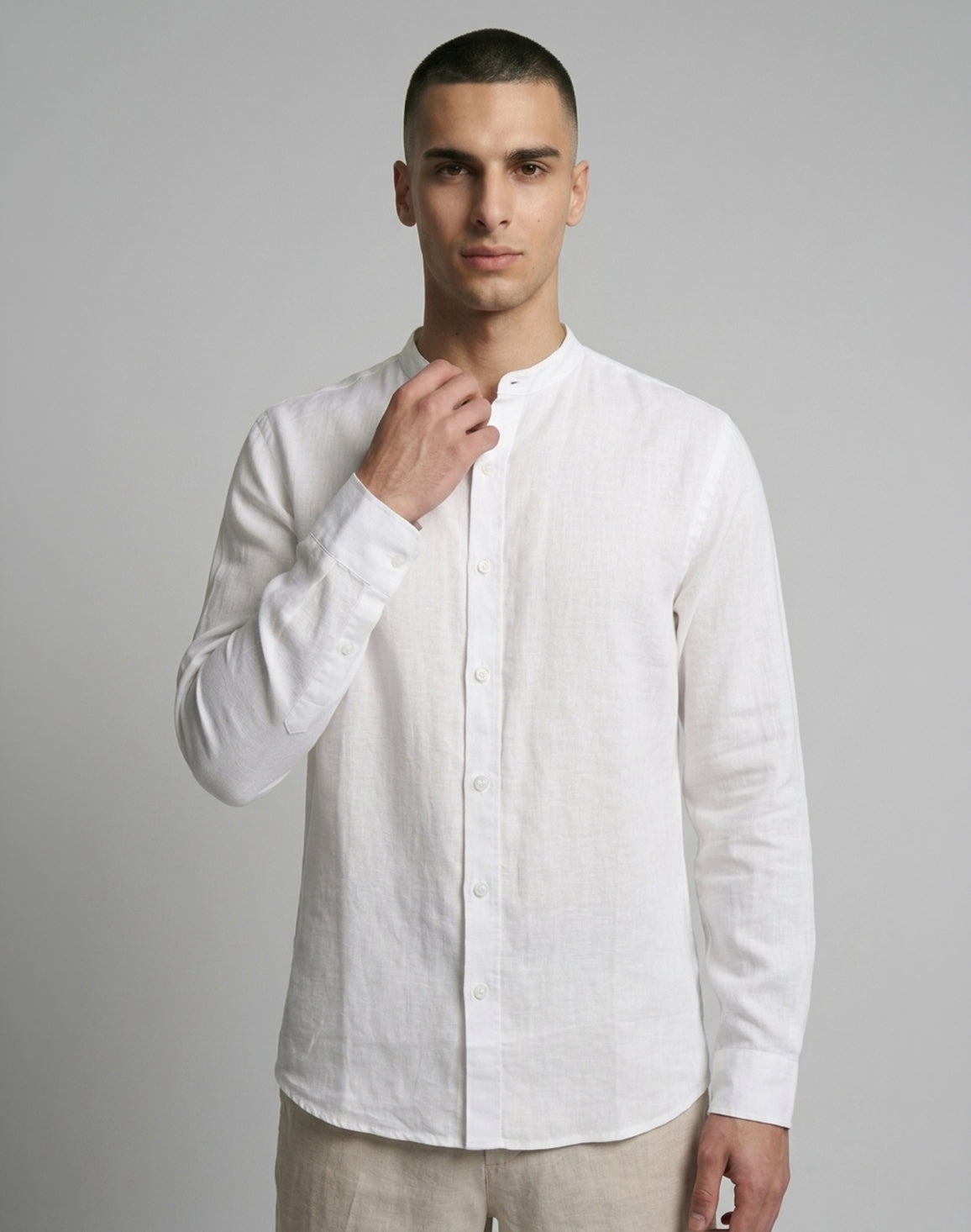 DEEDAT Linen Regular Fit Long Sleeves Mandarin Collar Shirt - White