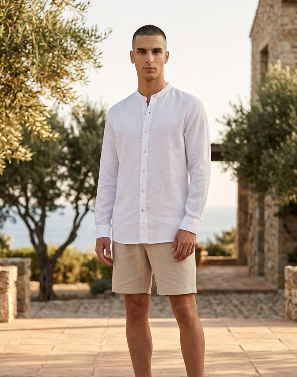DEEDAT Linen Regular Fit Long Sleeves Mandarin Collar Shirt - White