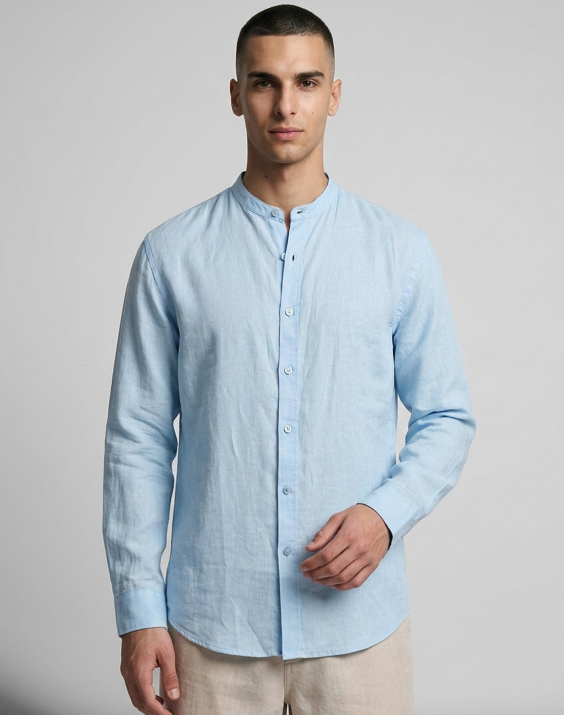DEEDAT Linen Regular Fit Long Sleeves Mandarin Collar Shirt - Light Blue