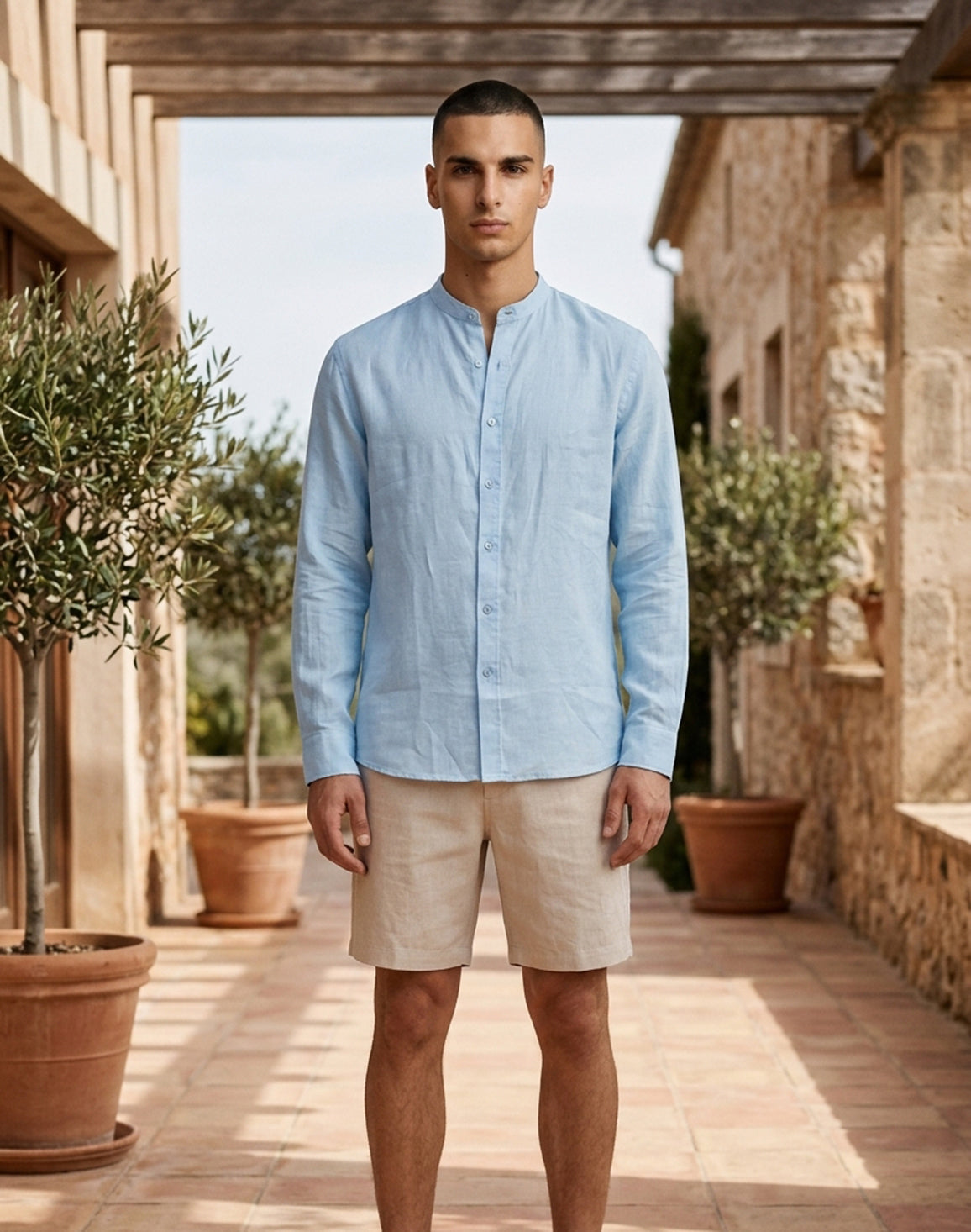 DEEDAT Linen Regular Fit Long Sleeves Mandarin Collar Shirt - Light Blue