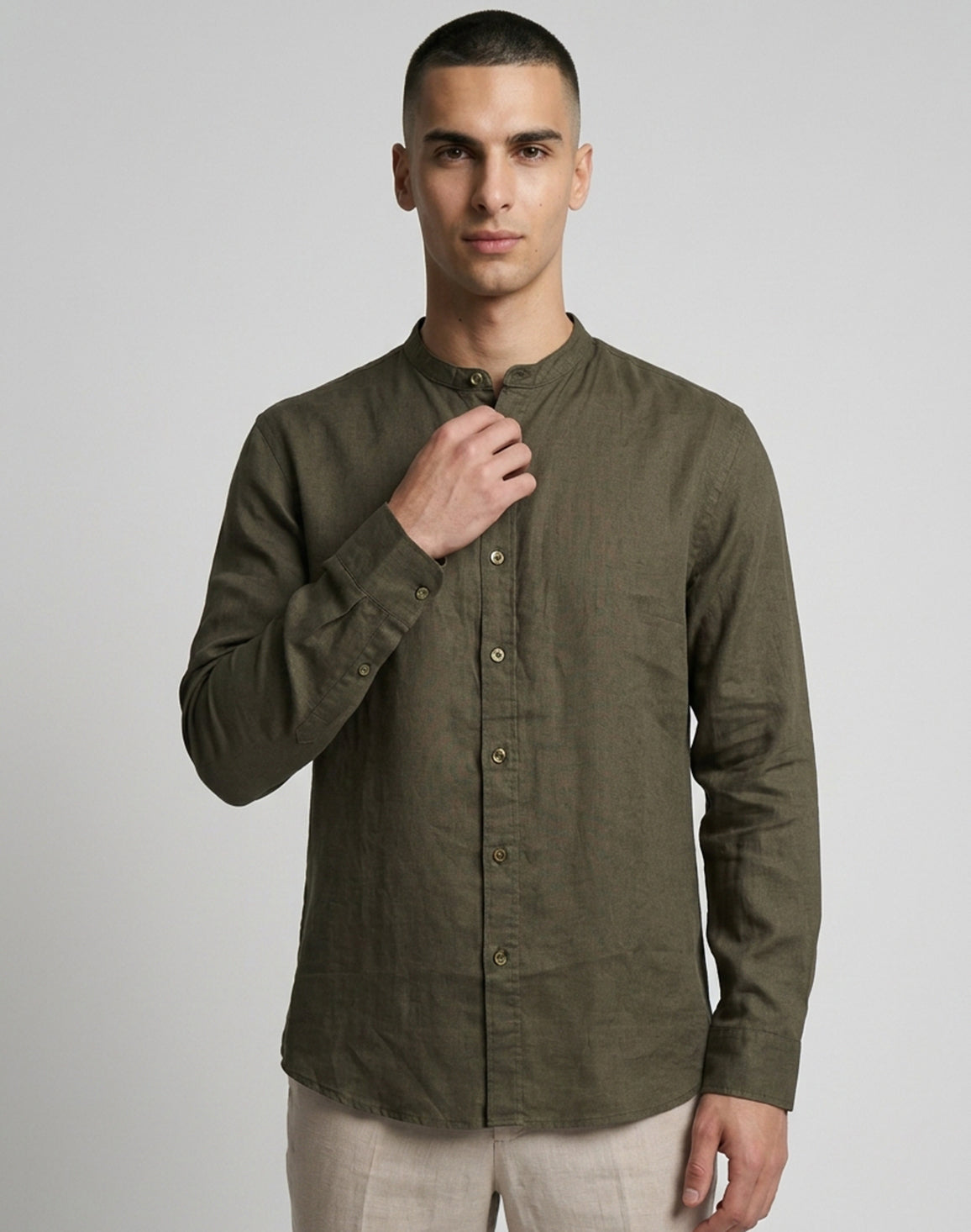 DEEDAT Linen Regular Fit Long Sleeves Mandarin Collar Shirt - Olive