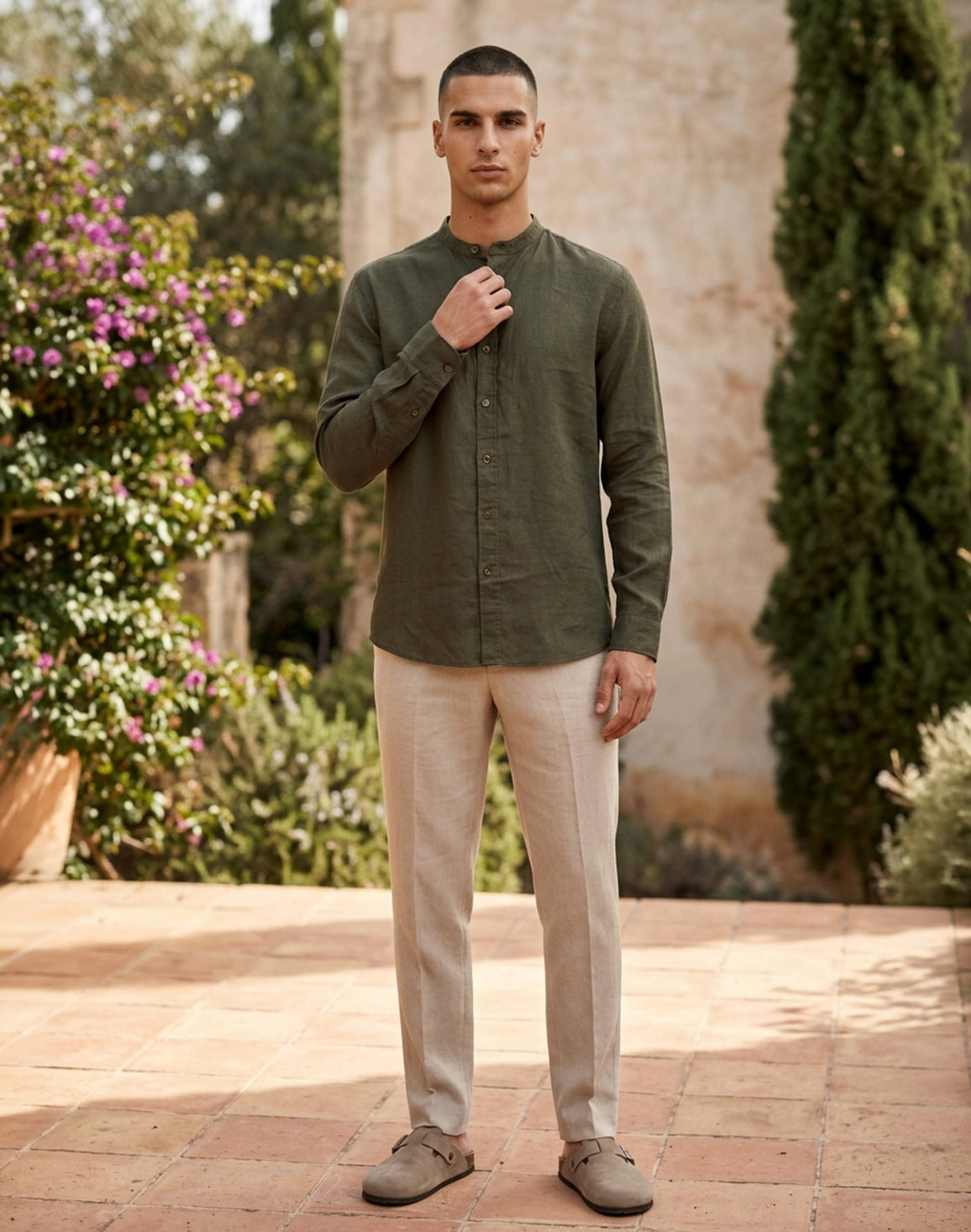 DEEDAT Linen Regular Fit Long Sleeves Mandarin Collar Shirt - Olive
