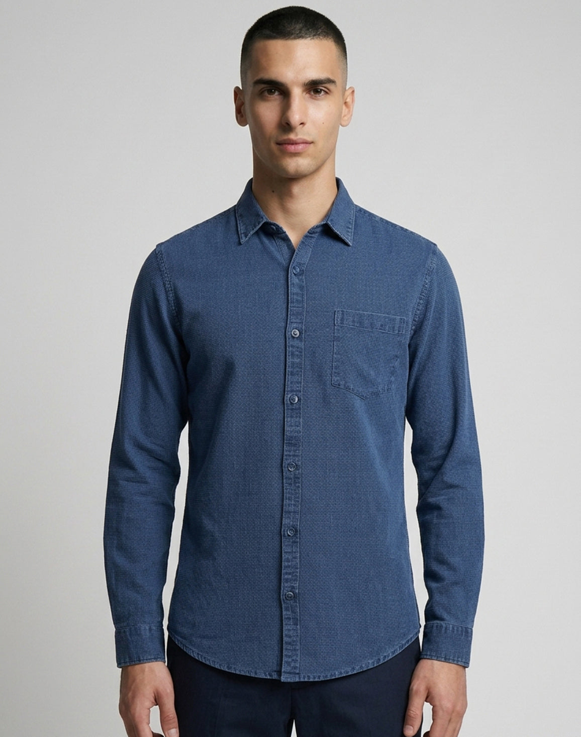 DEEDAT Long Sleeves Slim Fit Cutaway Collar Shirt - Dark Blue