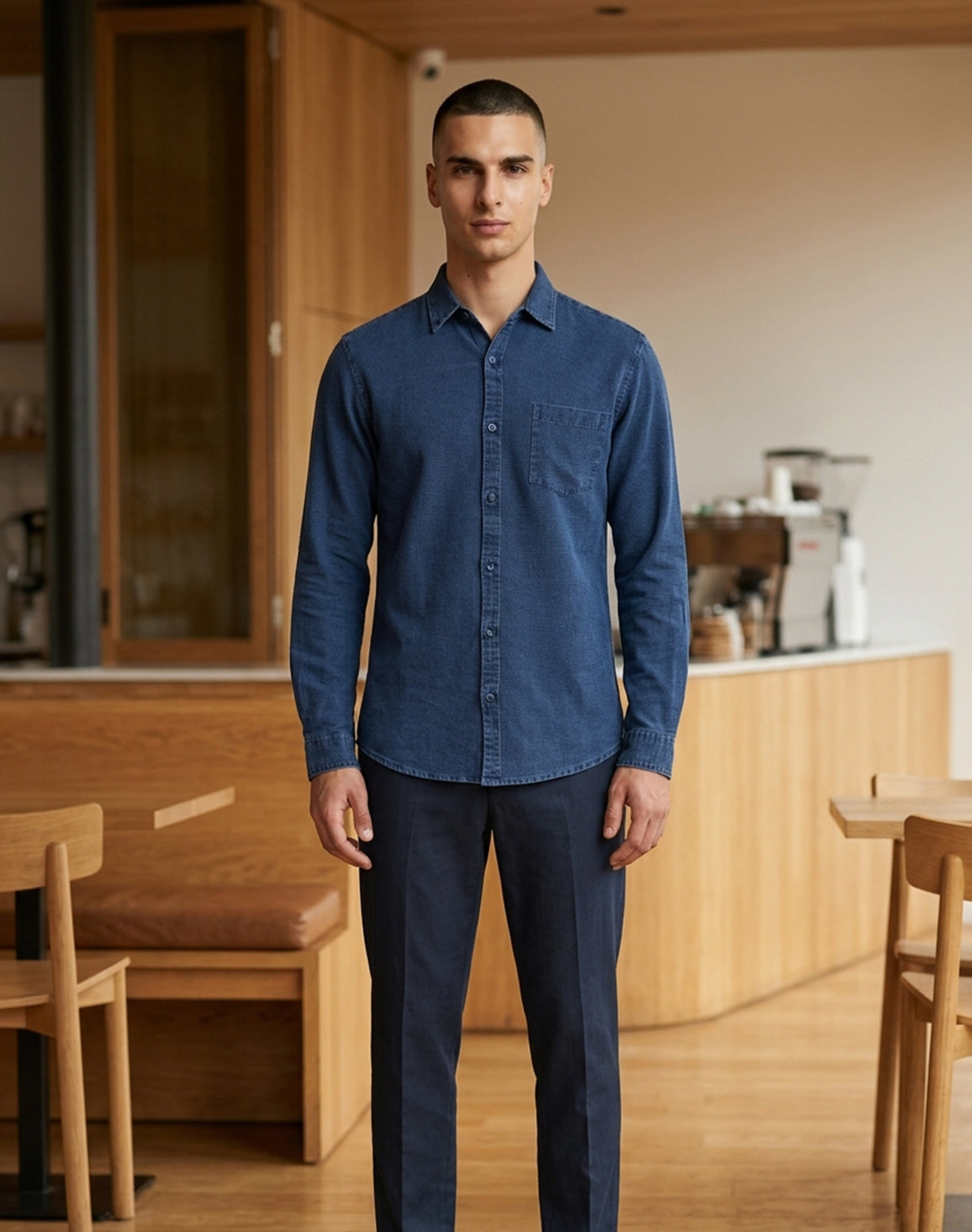 DEEDAT Long Sleeves Slim Fit Cutaway Collar Shirt - Dark Blue