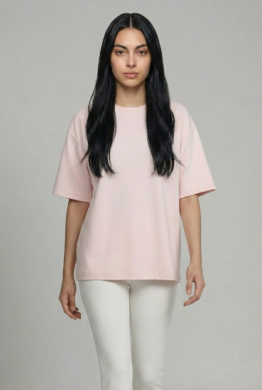 DEEDAT OVERSIZED Crew Neck Curved Hem Short Sleeve Tees - Light Pink