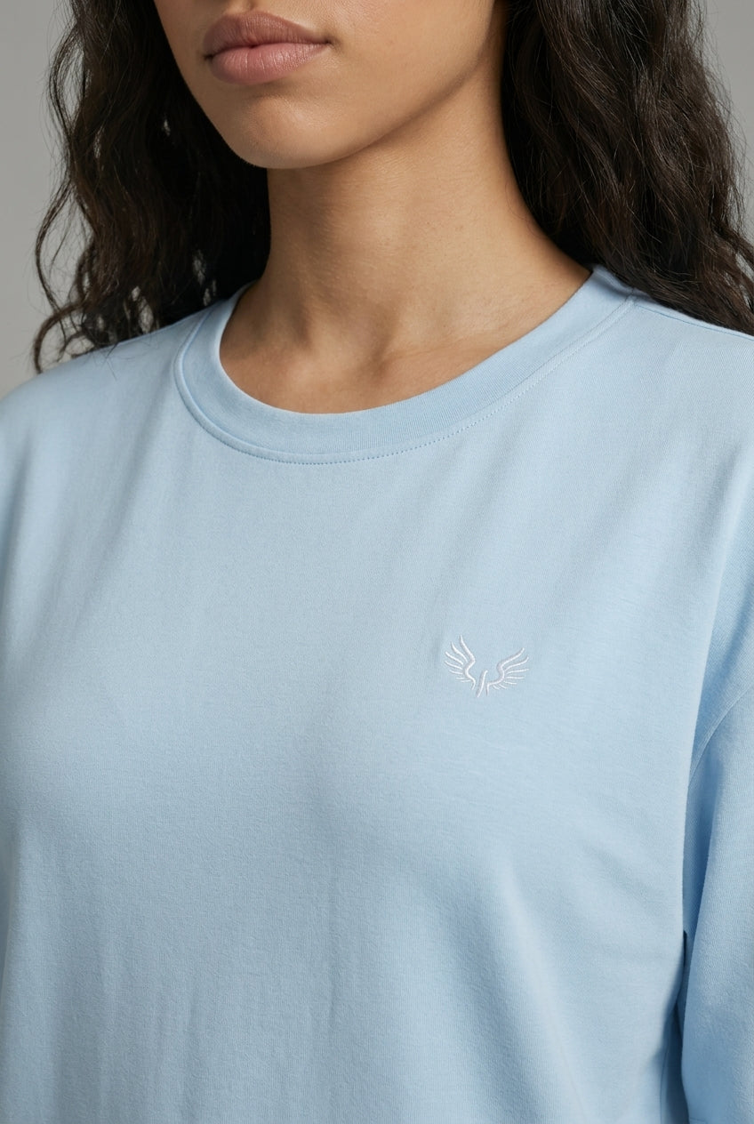 DEEDAT OVERSIZED Crew Neck Curved Hem Short Sleeve Tees - Light Blue