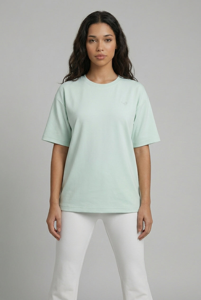 DEEDAT OVERSIZED Crew Neck Curved Hem Short Sleeve Tees - Mint Green