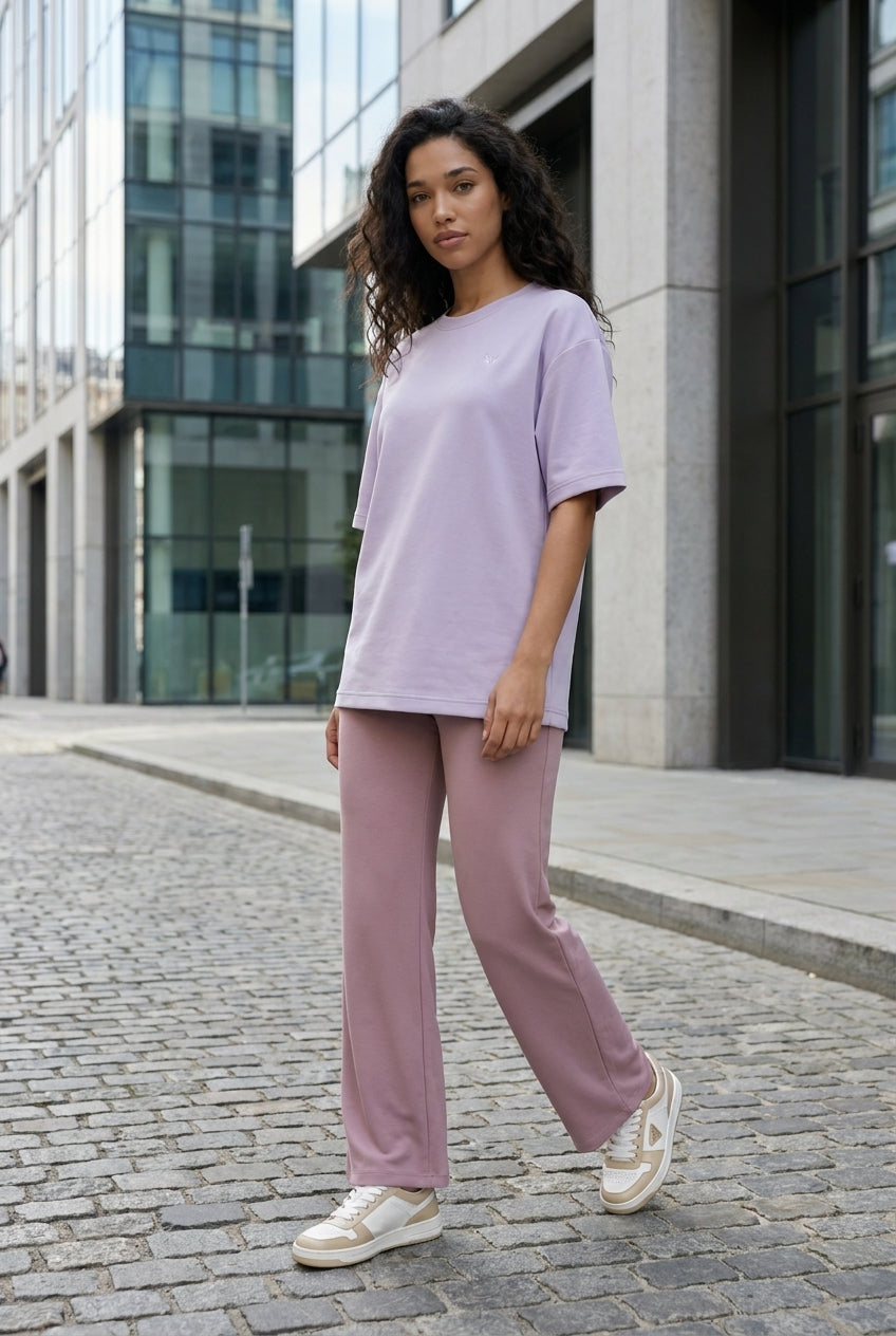 DEEDAT OVERSIZED Crew Neck Curved Hem Short Sleeve Tees - Purple