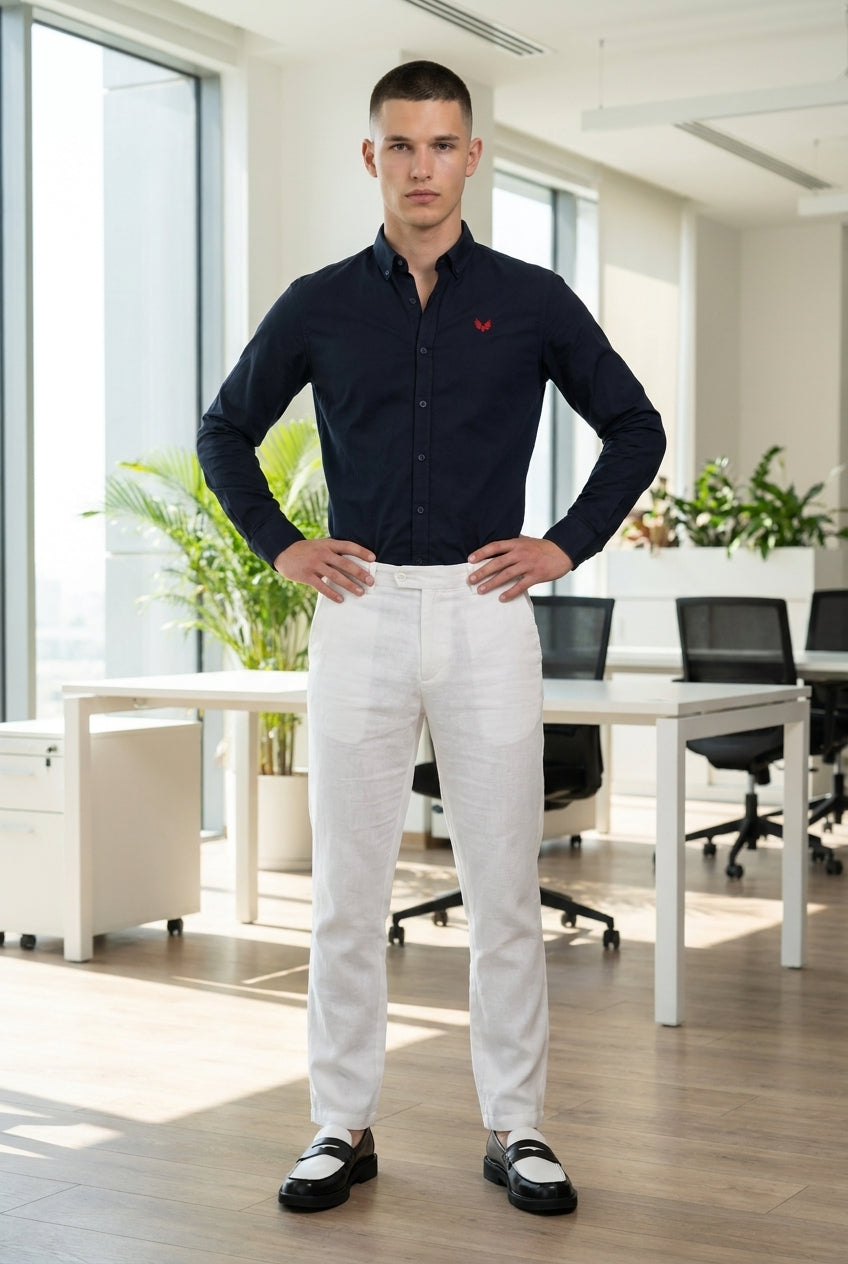 DEEDAT Long Sleeves Slim Fit Cutaway Collar Shirt -Navy
