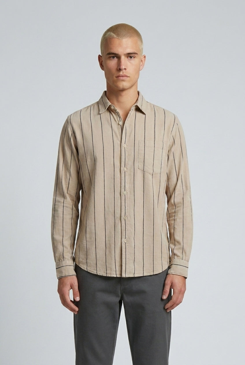 DEEDAT Striped Long Sleeves Slim Fit Cutaway Collar Shirt - Cream