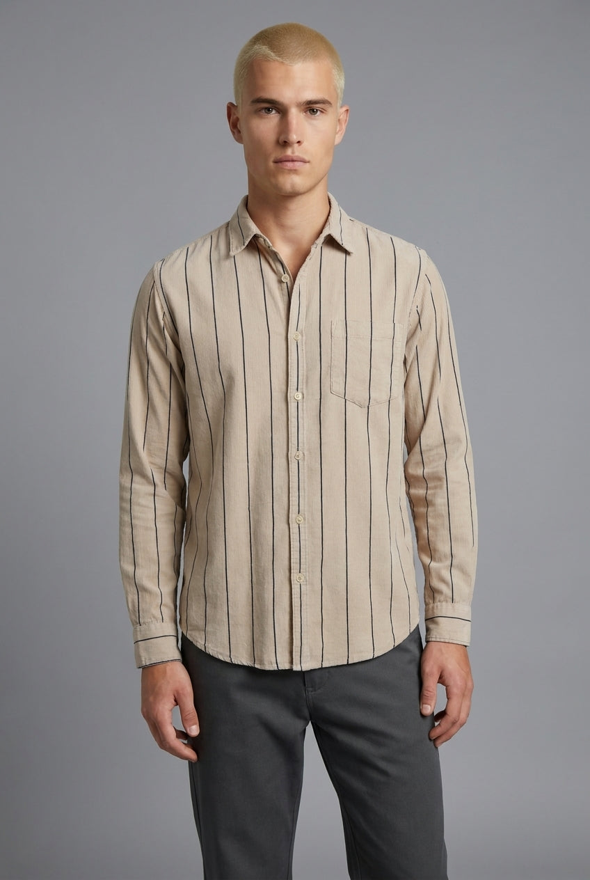 DEEDAT Striped Long Sleeves Slim Fit Cutaway Collar Shirt - Cream