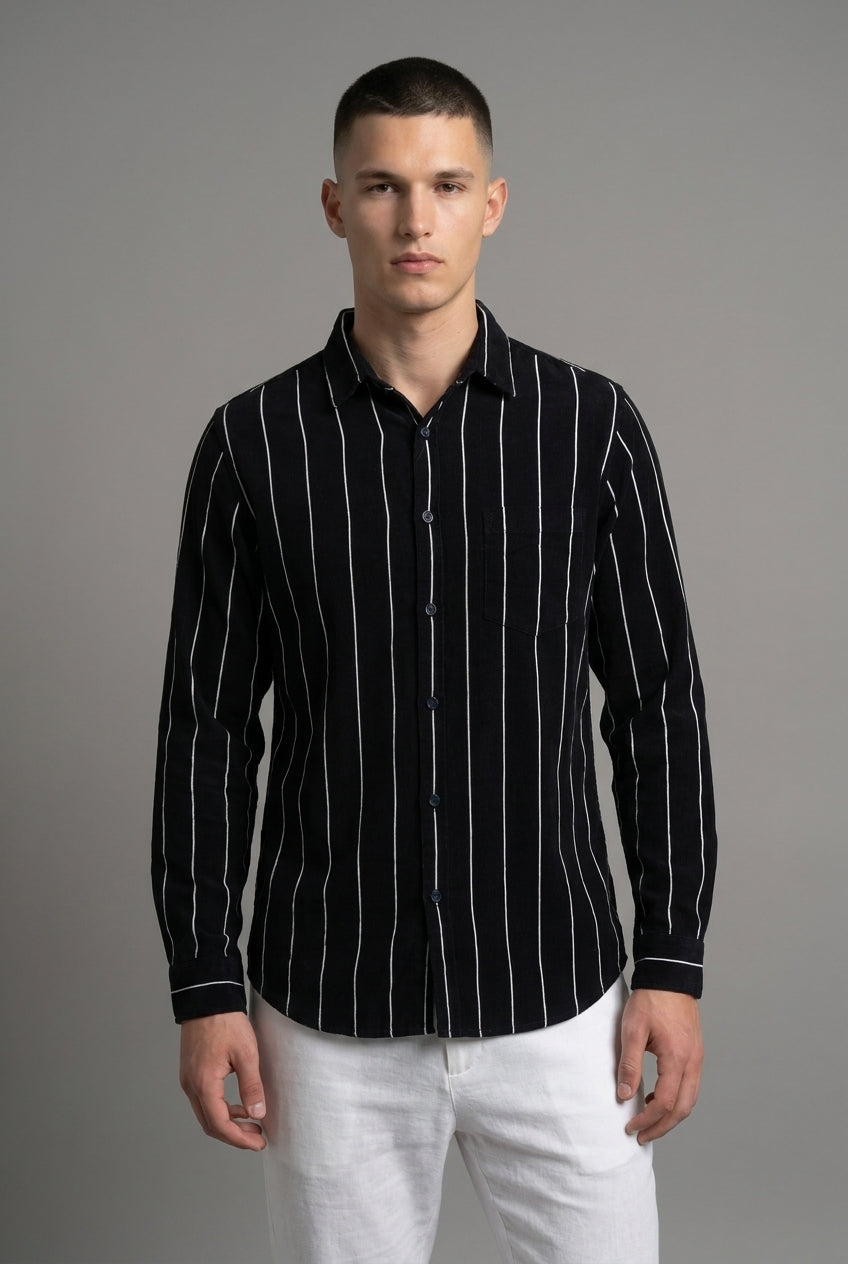 DEEDAT Striped Long Sleeves Slim Fit Cutaway Collar Shirt - Navy