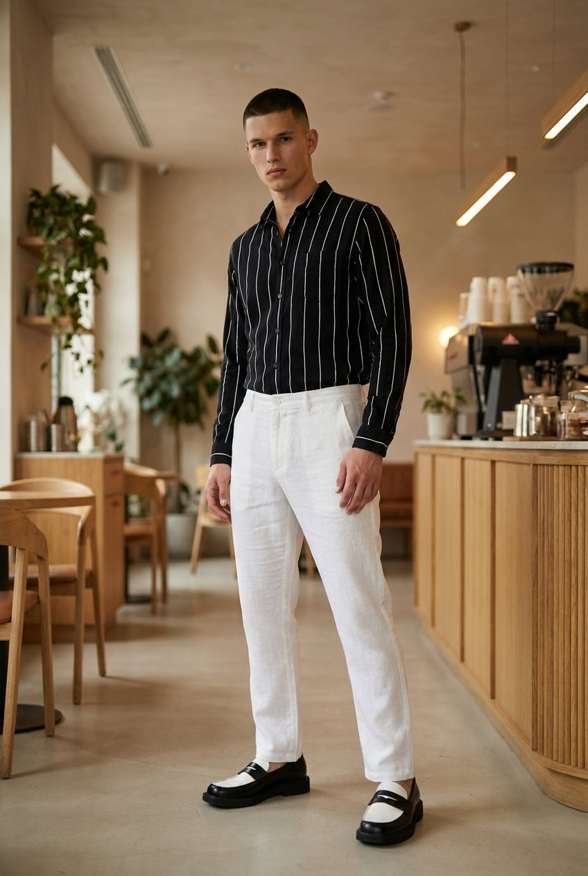 DEEDAT Striped Long Sleeves Slim Fit Cutaway Collar Shirt - Navy