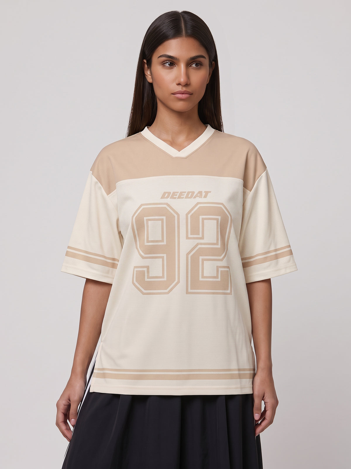 DEEDAT Women's V Neck Oversized Tees - White \ Beige