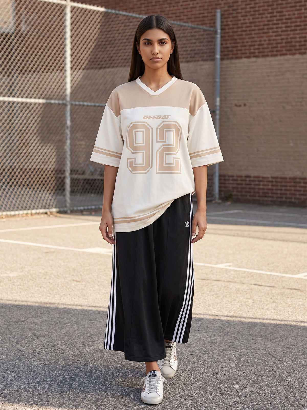 DEEDAT Women's V Neck Oversized Tees - White \ Beige