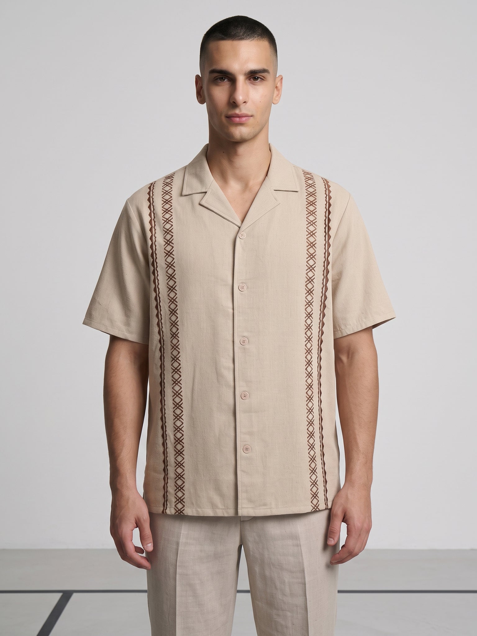DEEDAT Regular Fit Cuban Collar Shirt - Beige