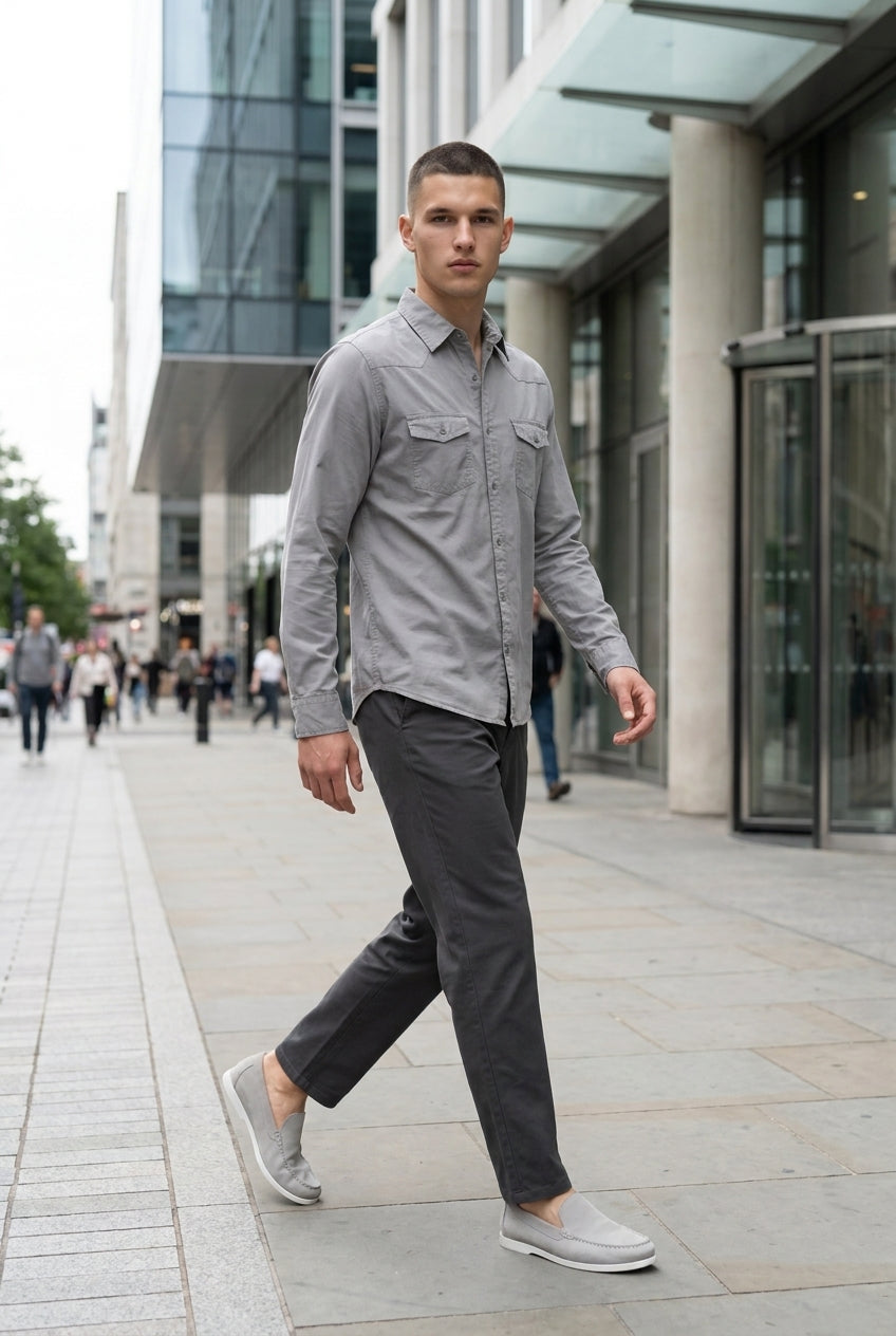 DEEDAT Slim Fit Long Sleeves Cutaway Collar Shirt - Light Gray