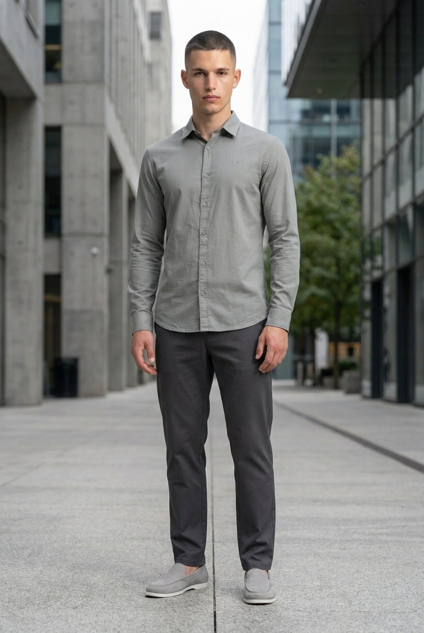 DEEDAT Linen Regular Fit Long Sleeves Cutaway Collar Shirt - Light Gray