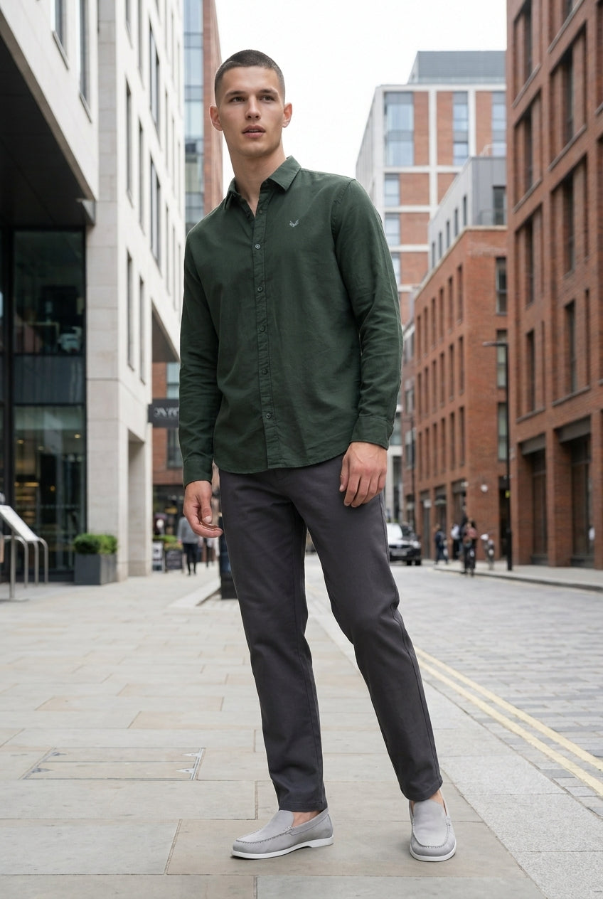 DEEDAT Linen Regular Fit Long Sleeves Cutaway Collar Shirt - Green