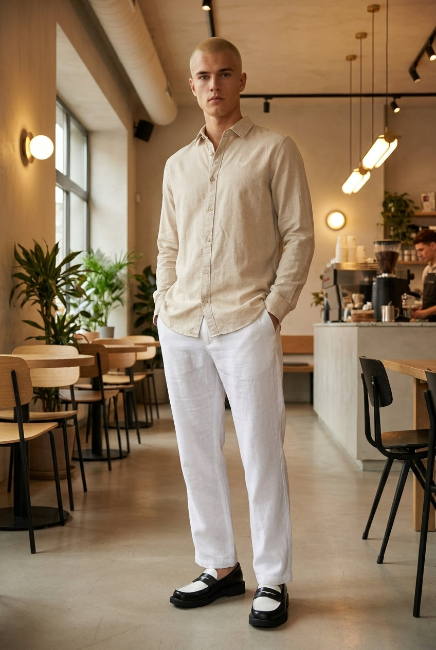 DEEDAT Linen Regular Fit Long Sleeves Cutaway Collar Shirt - Beige