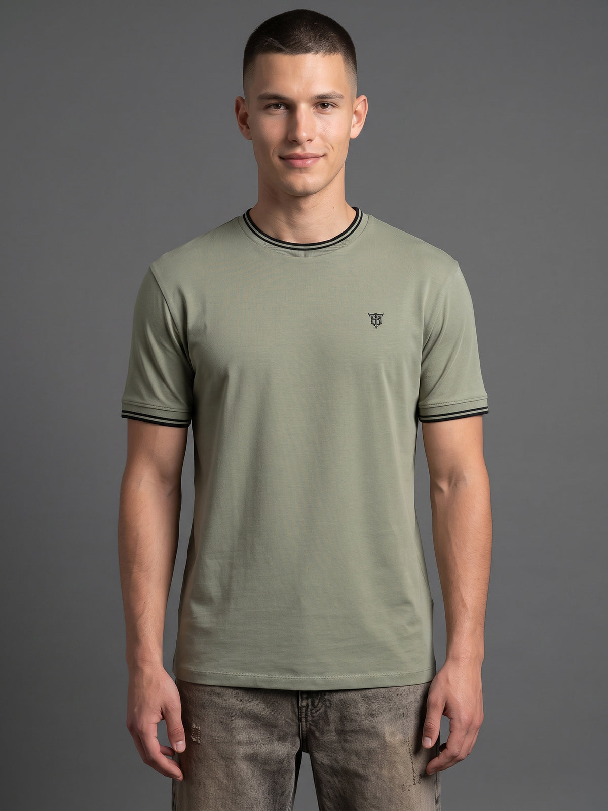 DEEDAT Short Sleeve Crew Neck Slim Fit Tees - Olive Green