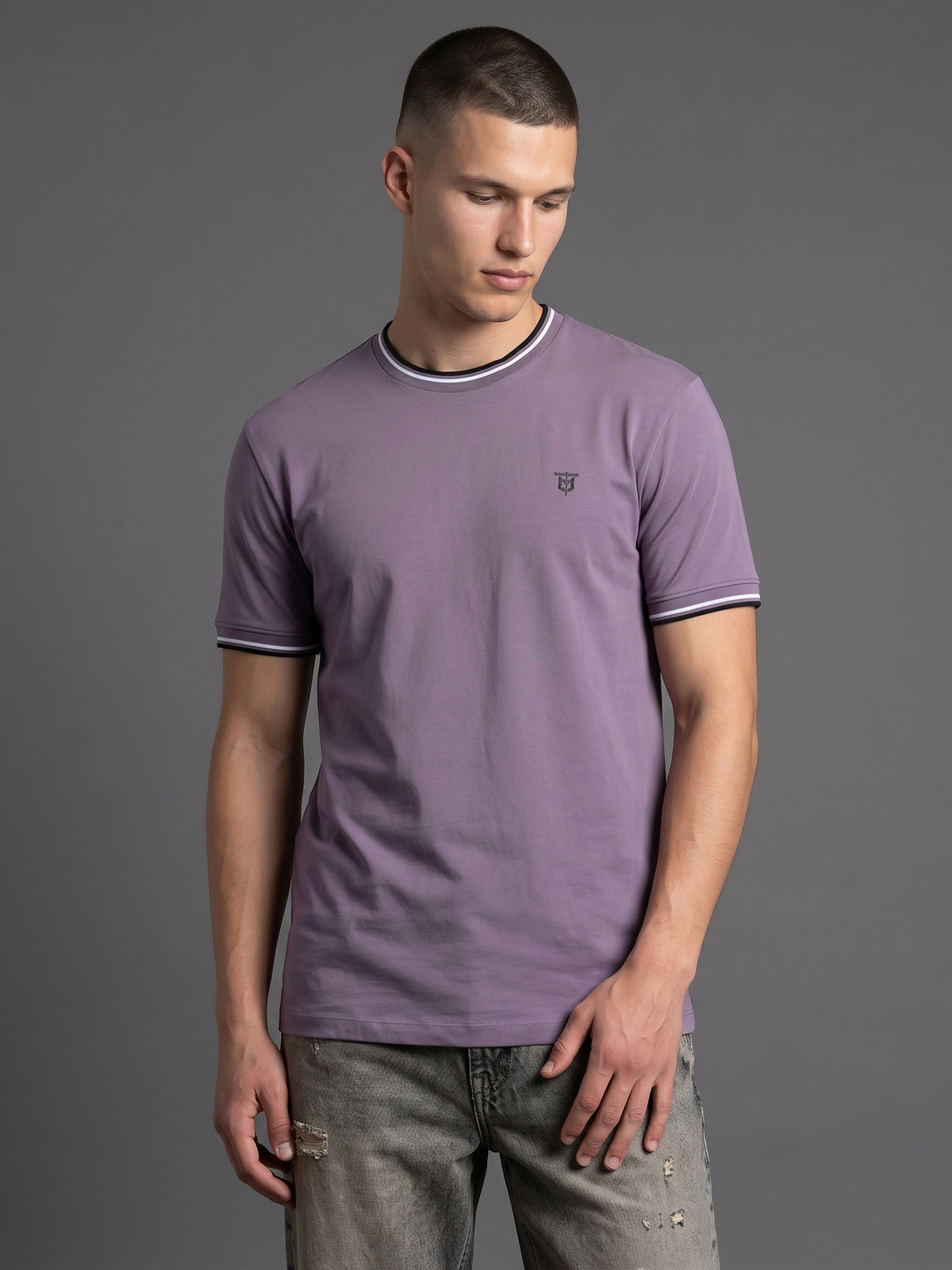DEEDAT Short Sleeve Crew Neck Slim Fit Tees - Purple
