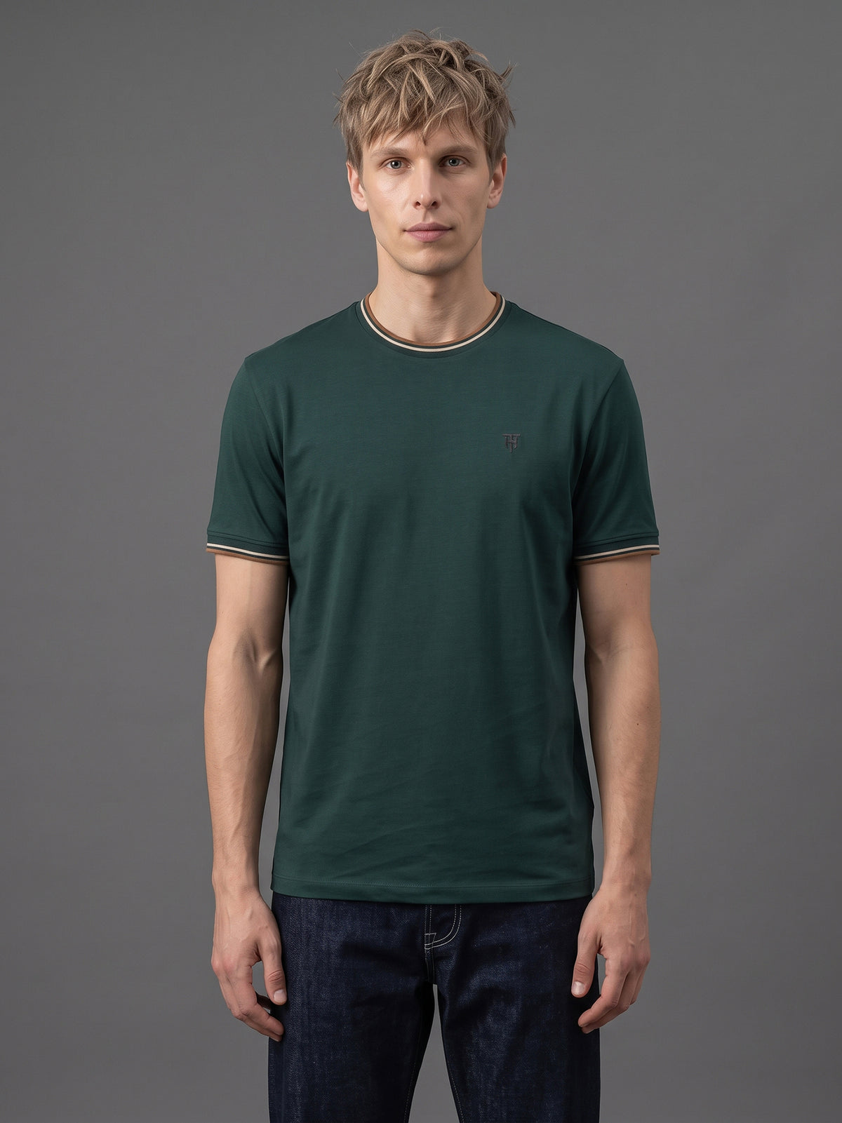 DEEDAT Short Sleeve Crew Neck Slim Fit Tees - Dark Green