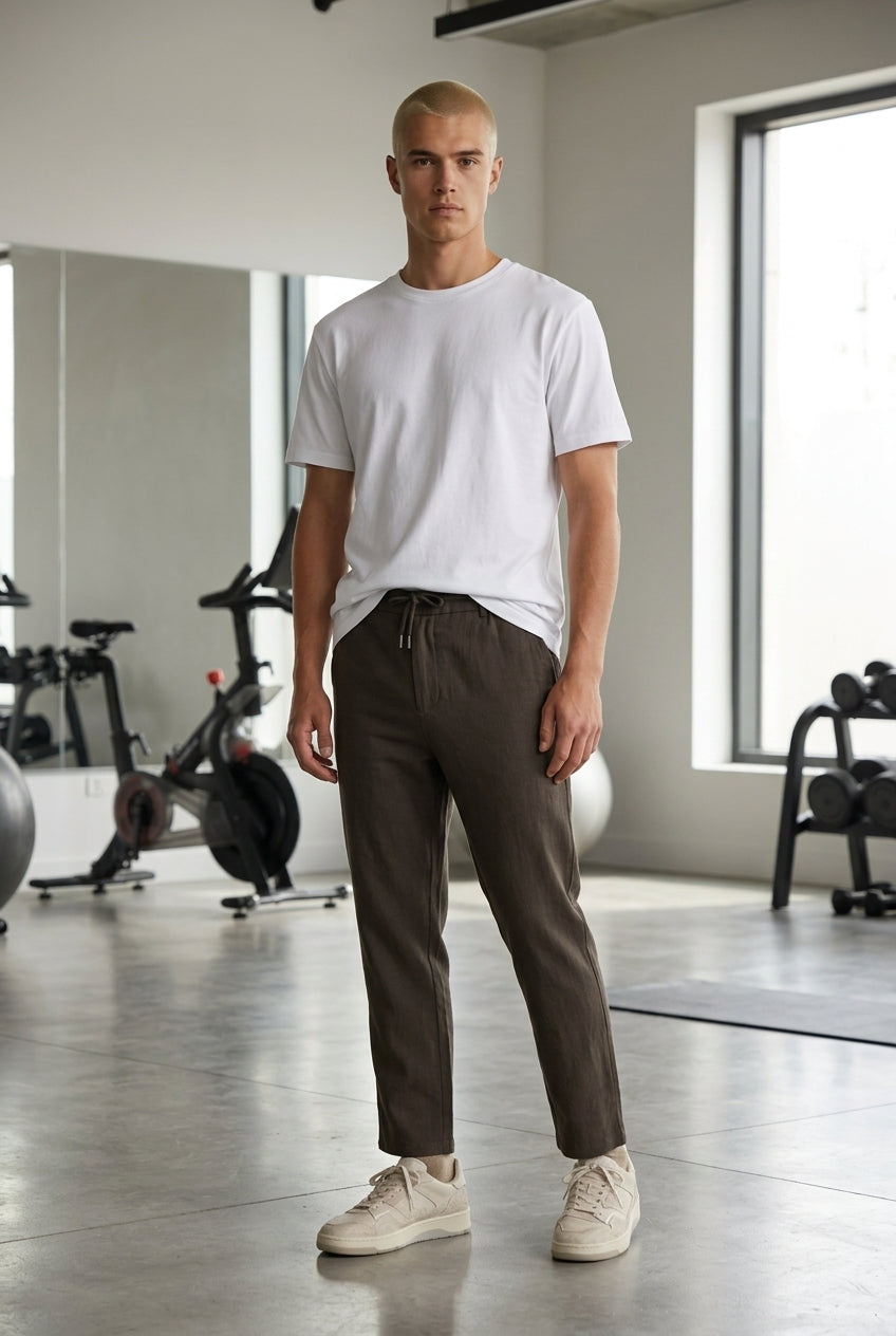 DEEDAT Linen Regular Fit Casual Pant - Coffee