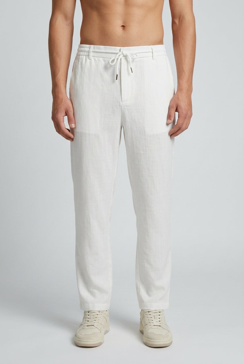 DEEDAT Linen Regular Fit Casual Pant - Off White