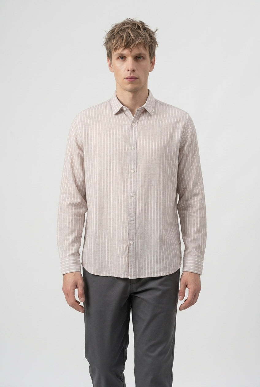 DEEDAT Linen Striped Regular Fit Casual Shirt - Khaki