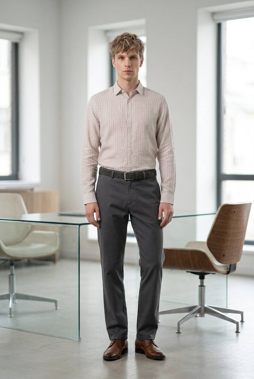 DEEDAT Linen Striped Regular Fit Casual Shirt - Khaki
