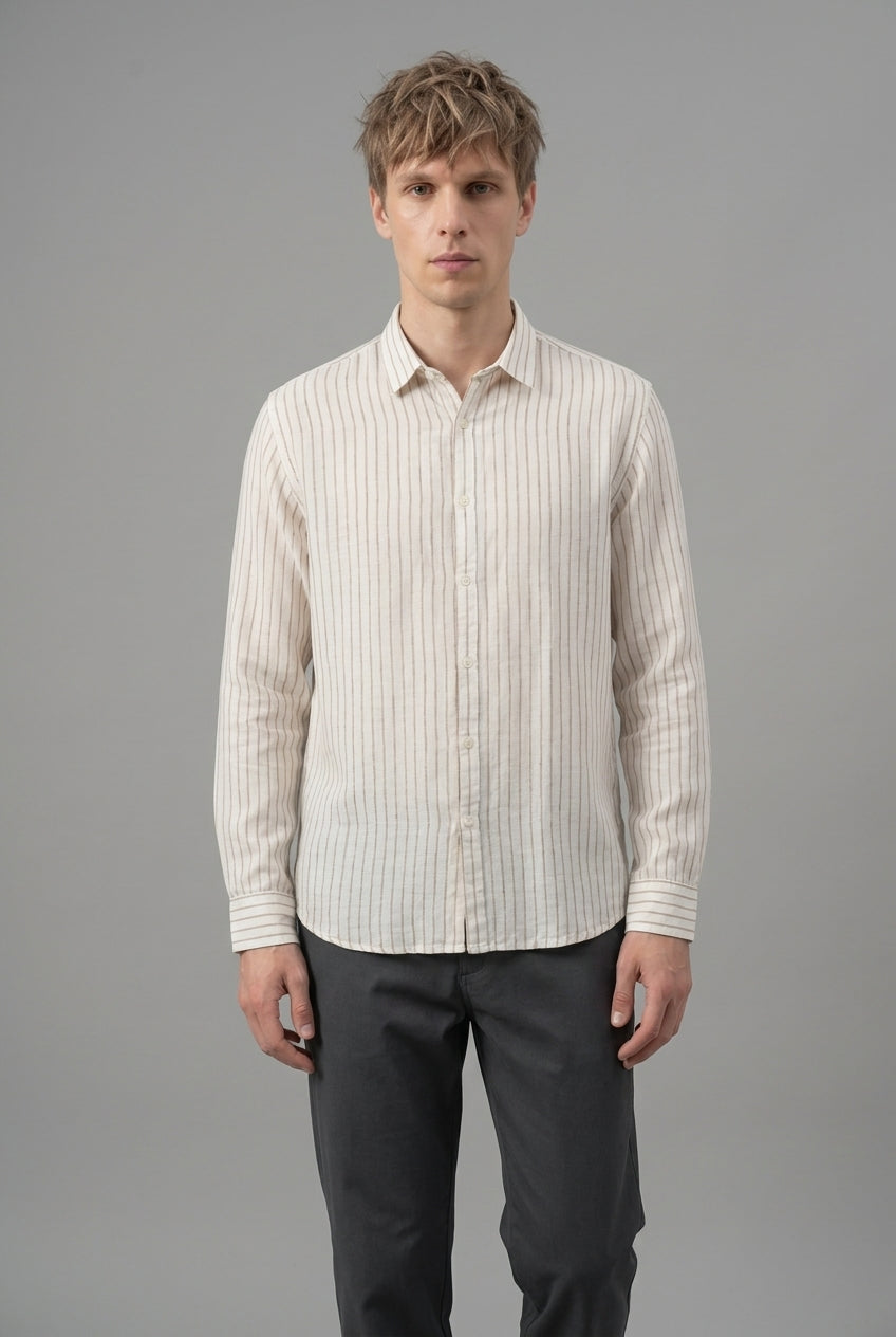 DEEDAT Linen Striped Regular Fit Long Sleeves Cutaway Collar Shirt - White