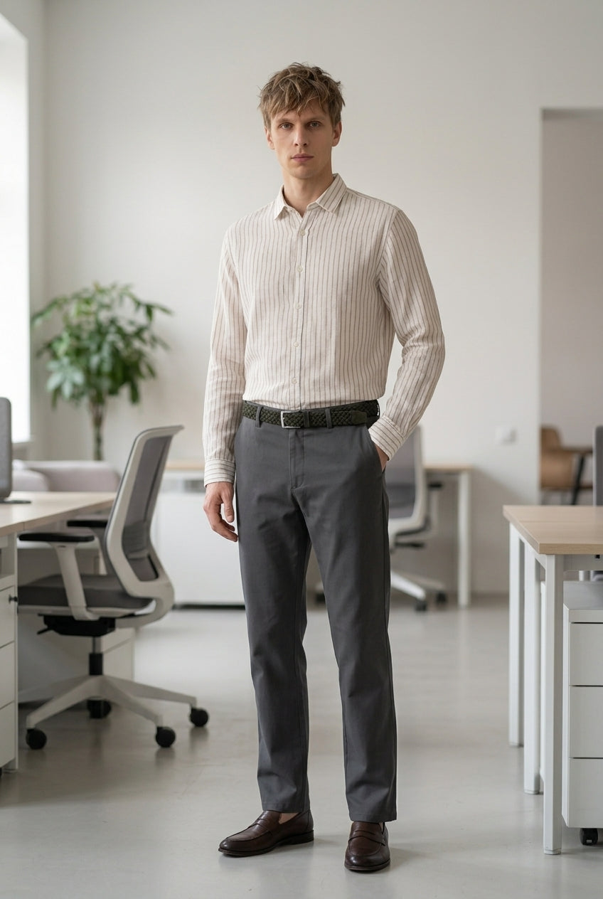 DEEDAT Linen Striped Regular Fit Long Sleeves Cutaway Collar Shirt - White