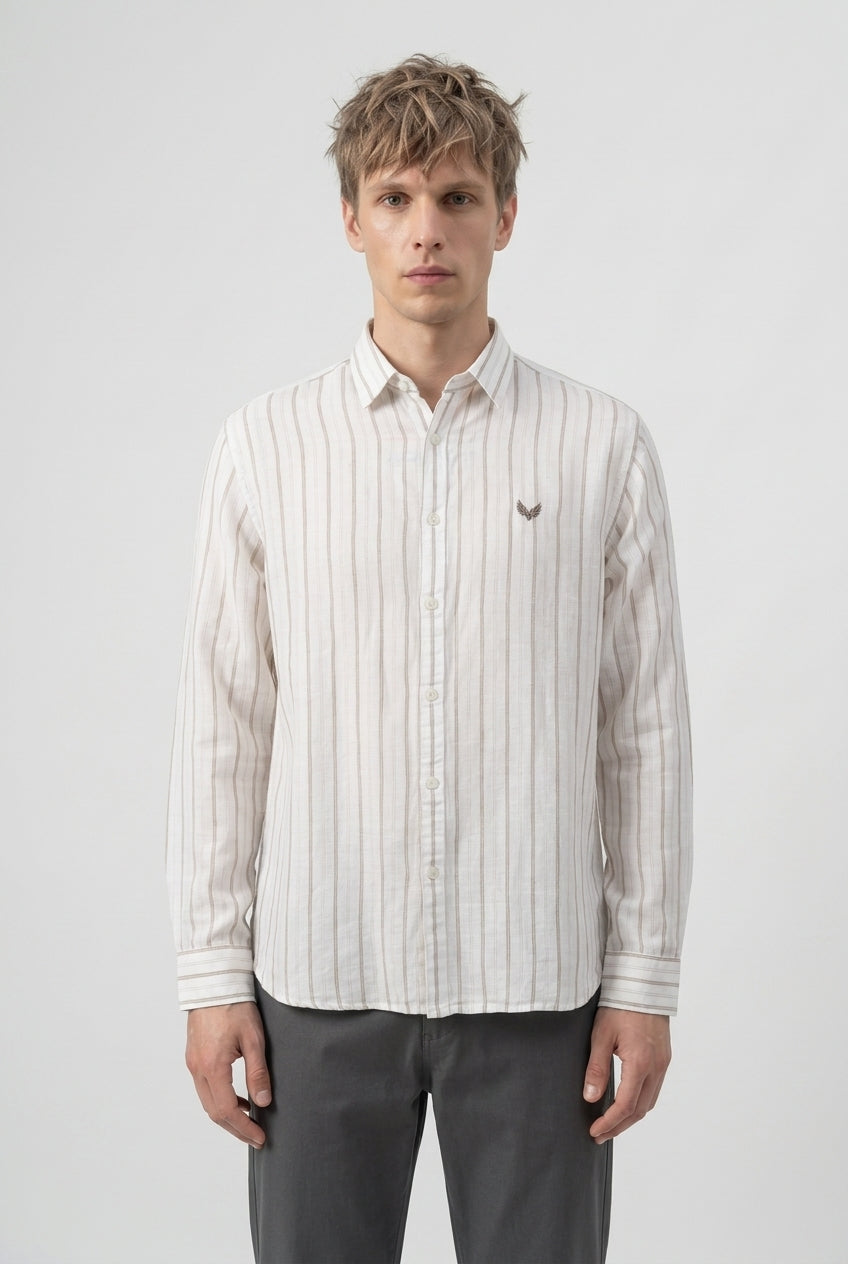 DEEDAT Linen Striped Regular Fit Casual Shirt - White