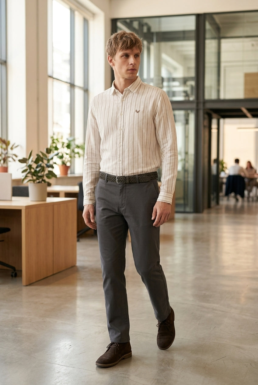 DEEDAT Linen Striped Regular Fit Casual Shirt - White