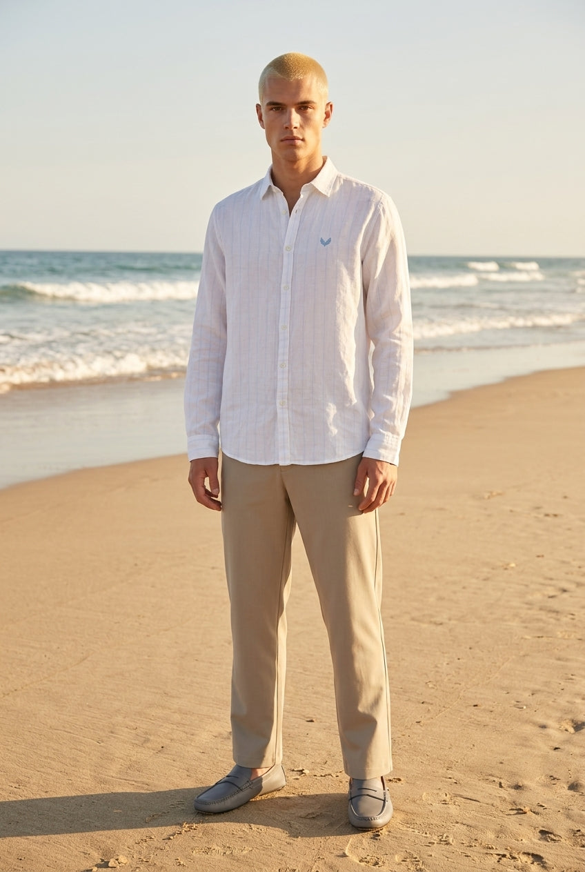 DEEDAT Linen Striped Regular Fit Casual Shirt - White