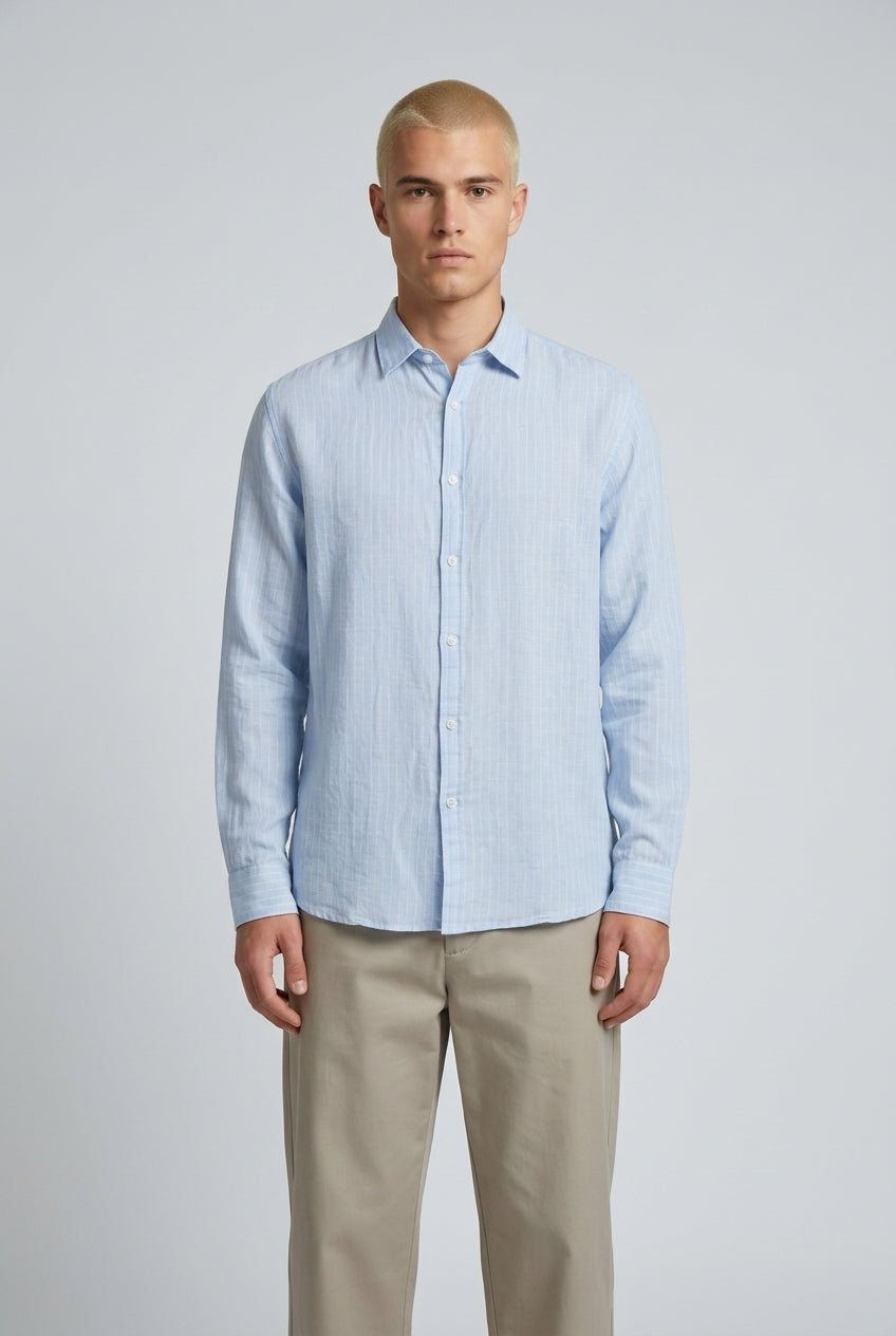 DEEDAT Linen Striped Regular Fit Long Sleeves Cutaway Collar Shirt - Sky Blue