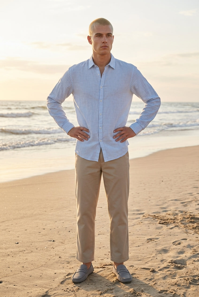 DEEDAT Linen Striped Regular Fit Long Sleeves Cutaway Collar Shirt - Sky Blue