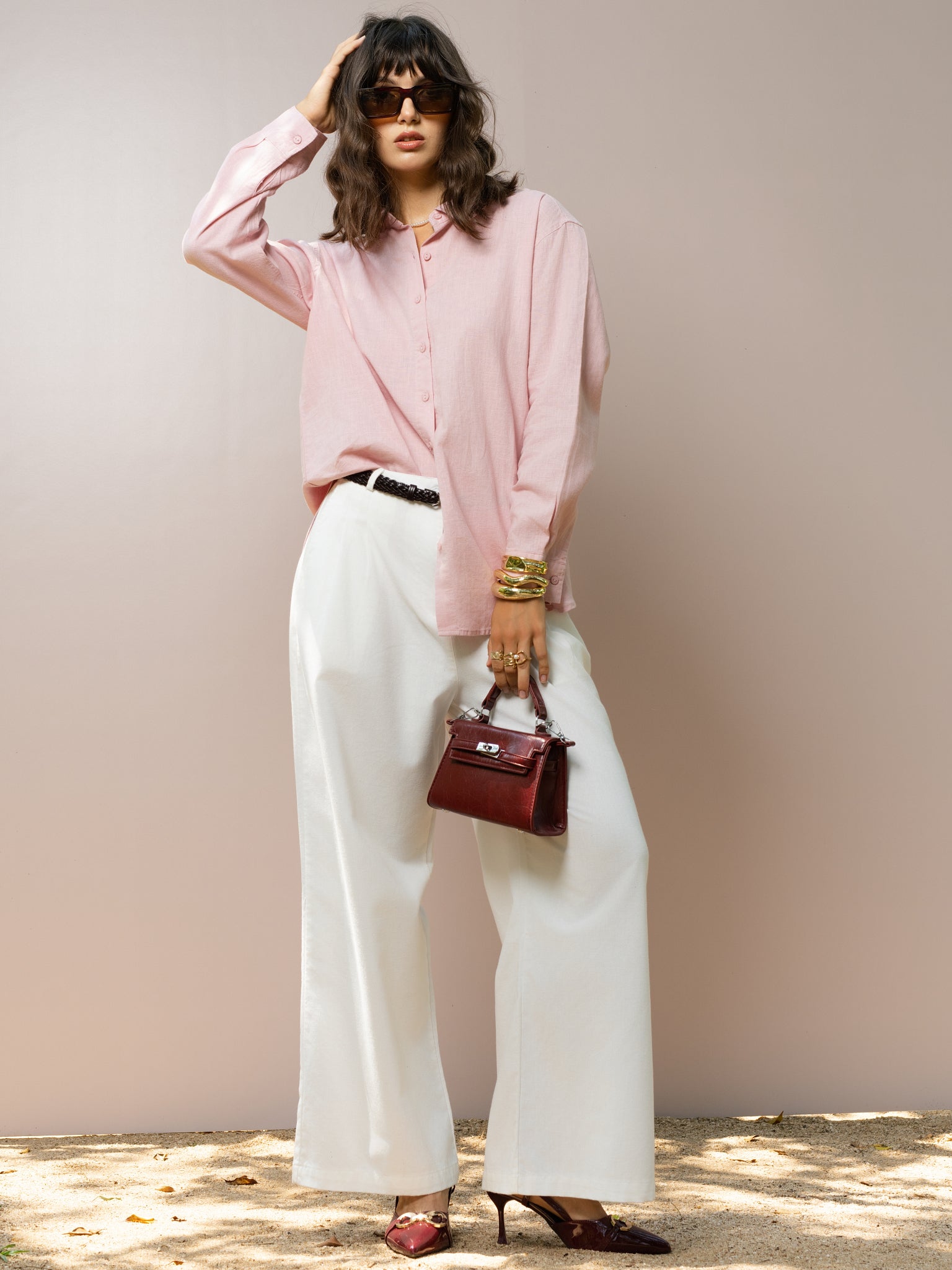 DEEDAT PORTOFINO Oversize Linen Casual Blouse - Pink