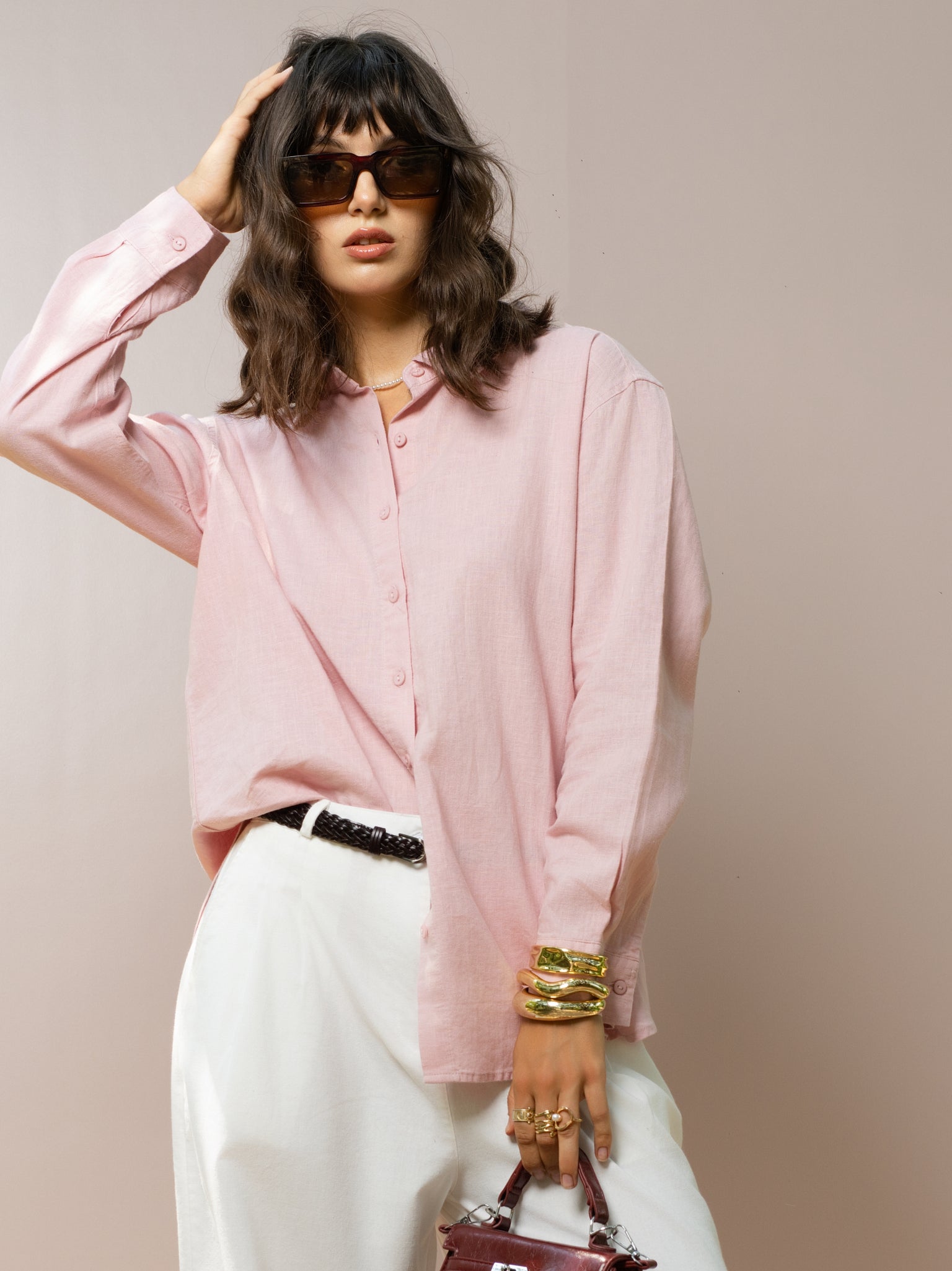 DEEDAT PORTOFINO Oversize Linen Casual Blouse - Pink