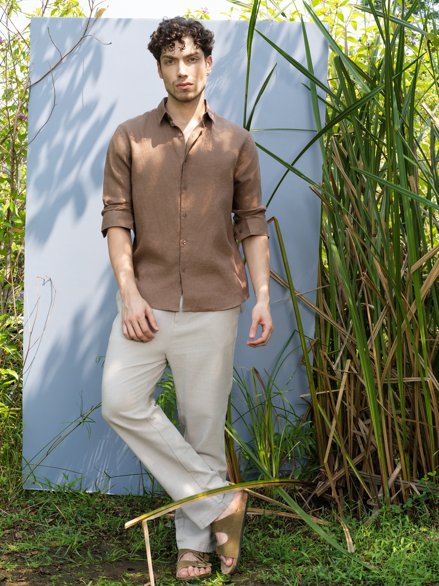 DEEDAT Regular Fit Linen Casual Shirt - Brown